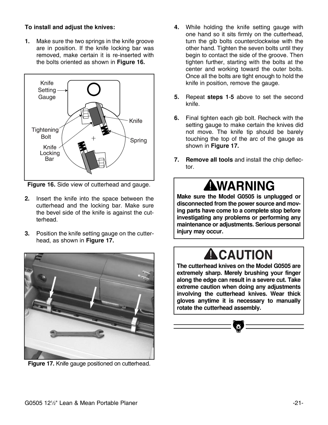 Grizzly G0505 instruction manual To install and adjust the knives 