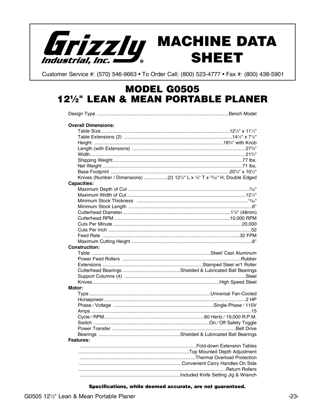 Grizzly G0505 instruction manual Machine Data Sheet 