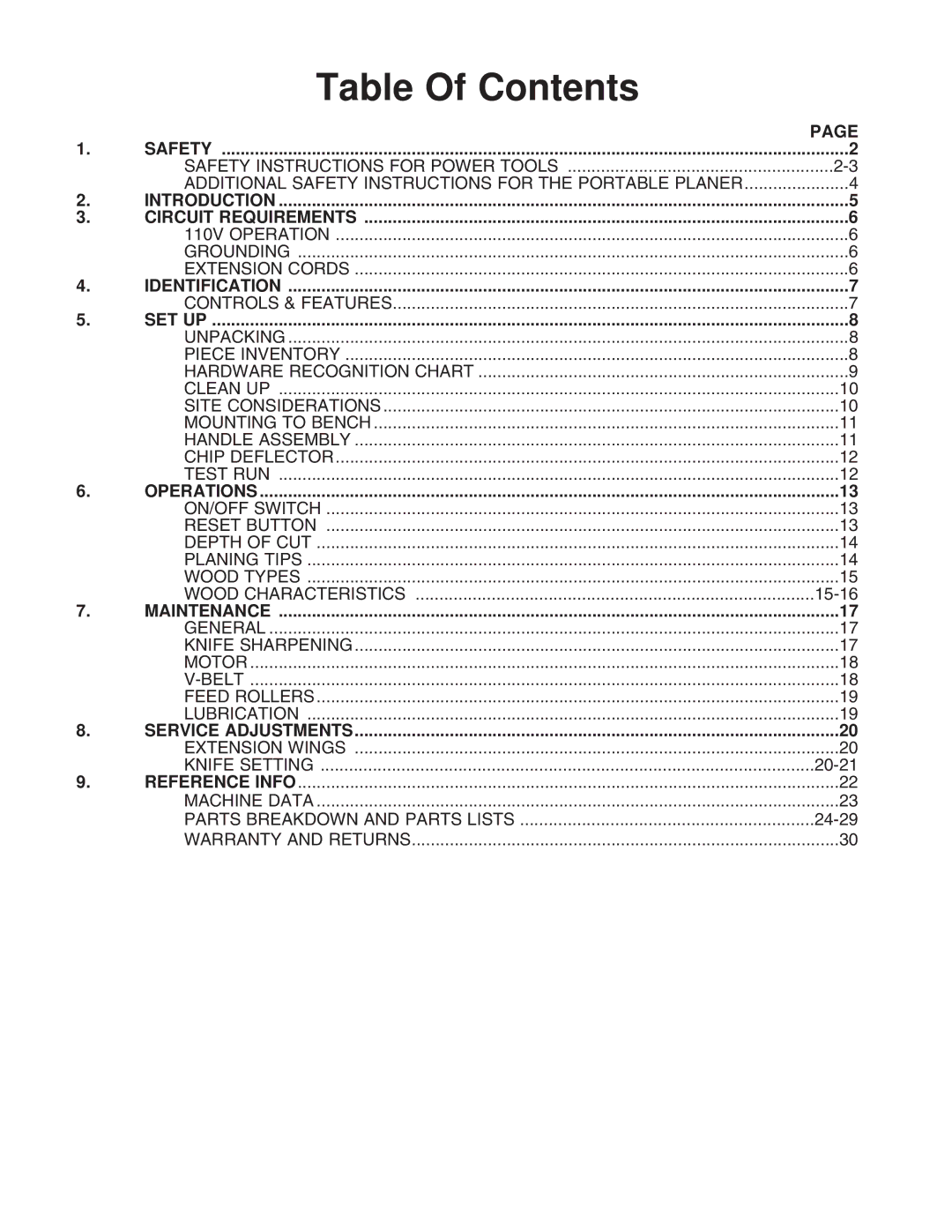 Grizzly G0505 instruction manual Table Of Contents 