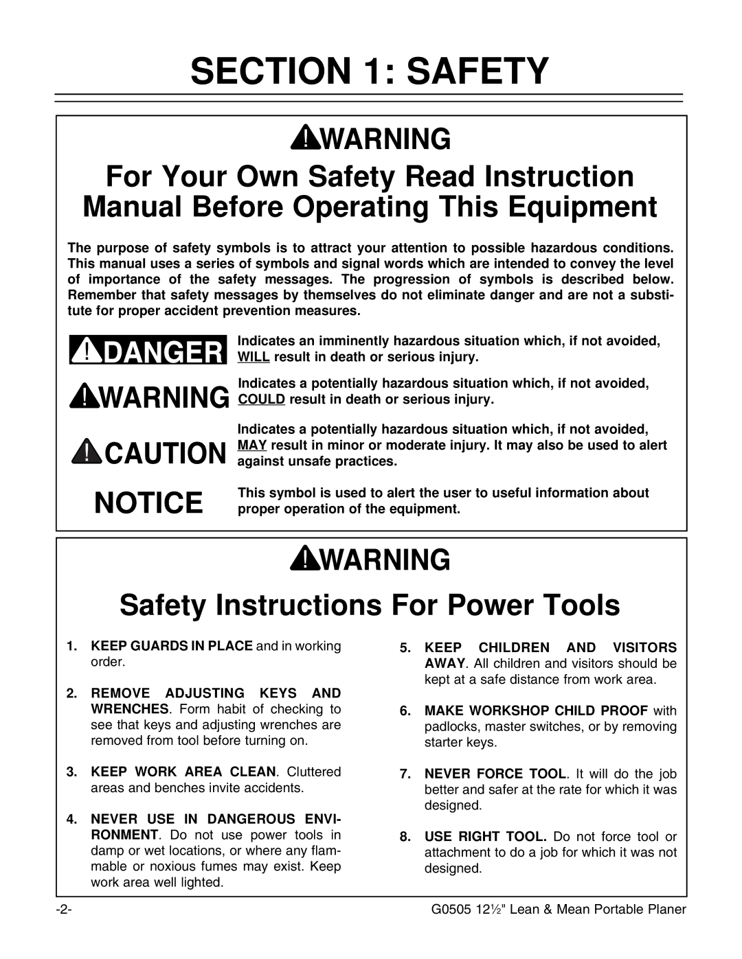 Grizzly G0505 instruction manual Safety Instructions For Power Tools 