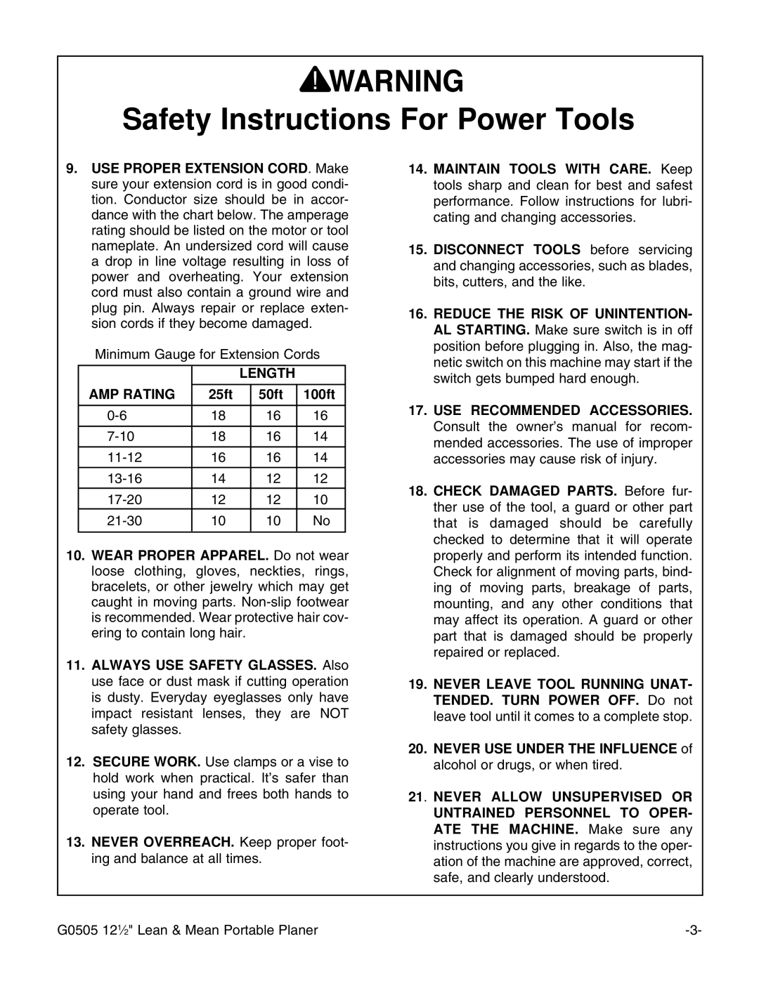 Grizzly G0505 instruction manual Length AMP Rating, 25ft 50ft 100ft 