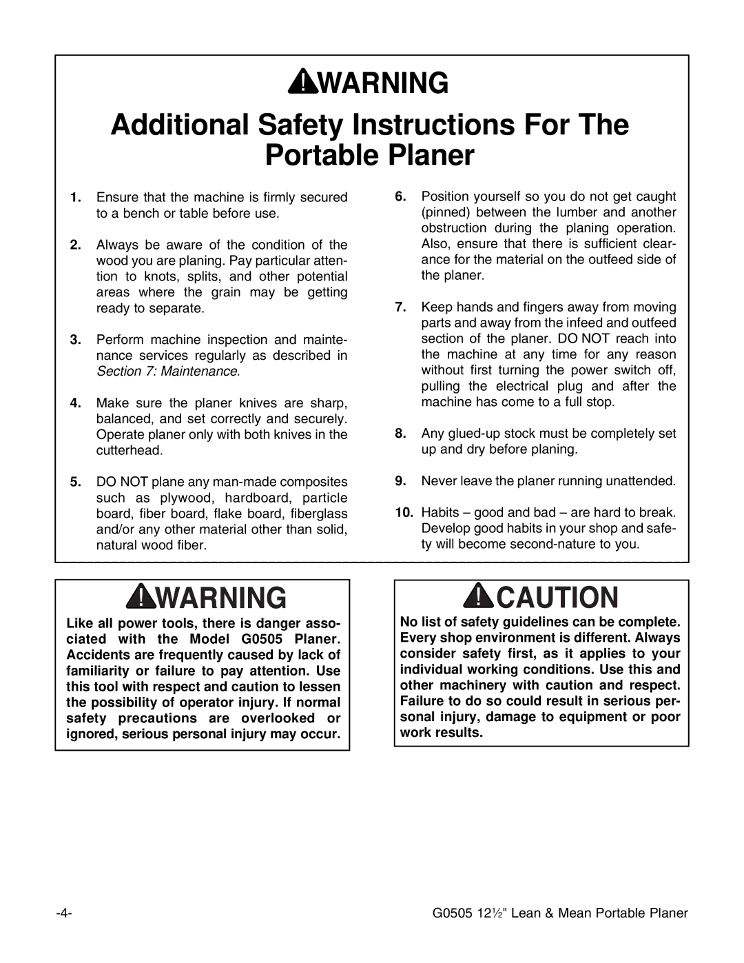 Grizzly G0505 instruction manual Additional Safety Instructions For Portable Planer 