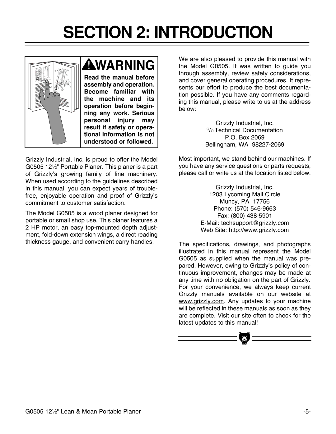 Grizzly G0505 instruction manual Introduction 