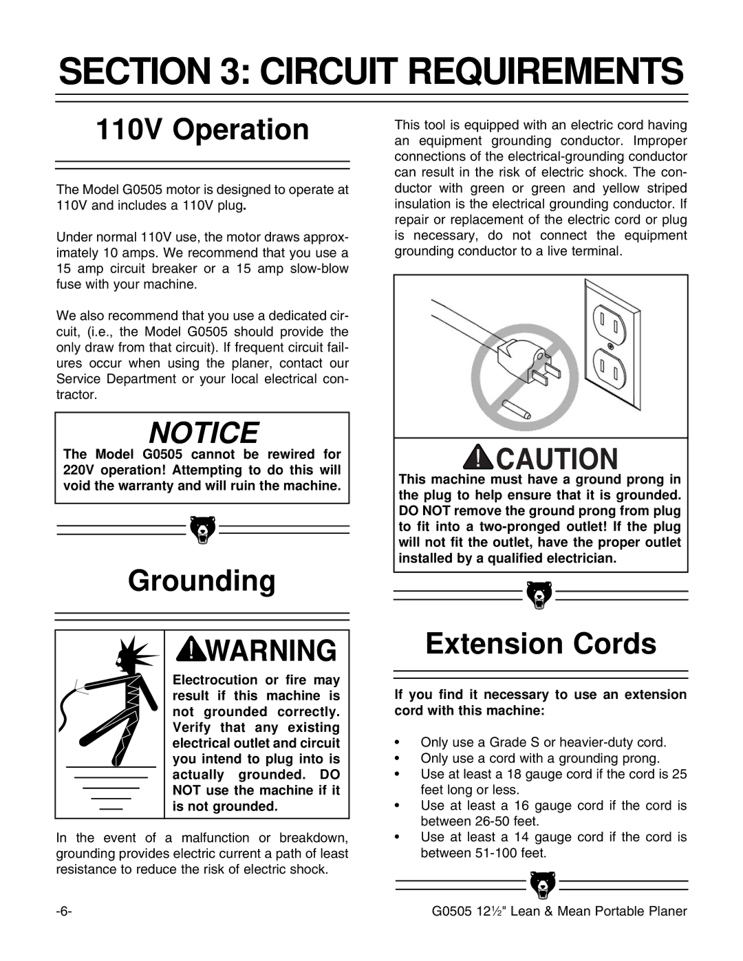 Grizzly G0505 instruction manual Circuit Requirements, 110V Operation, Grounding, Extension Cords 