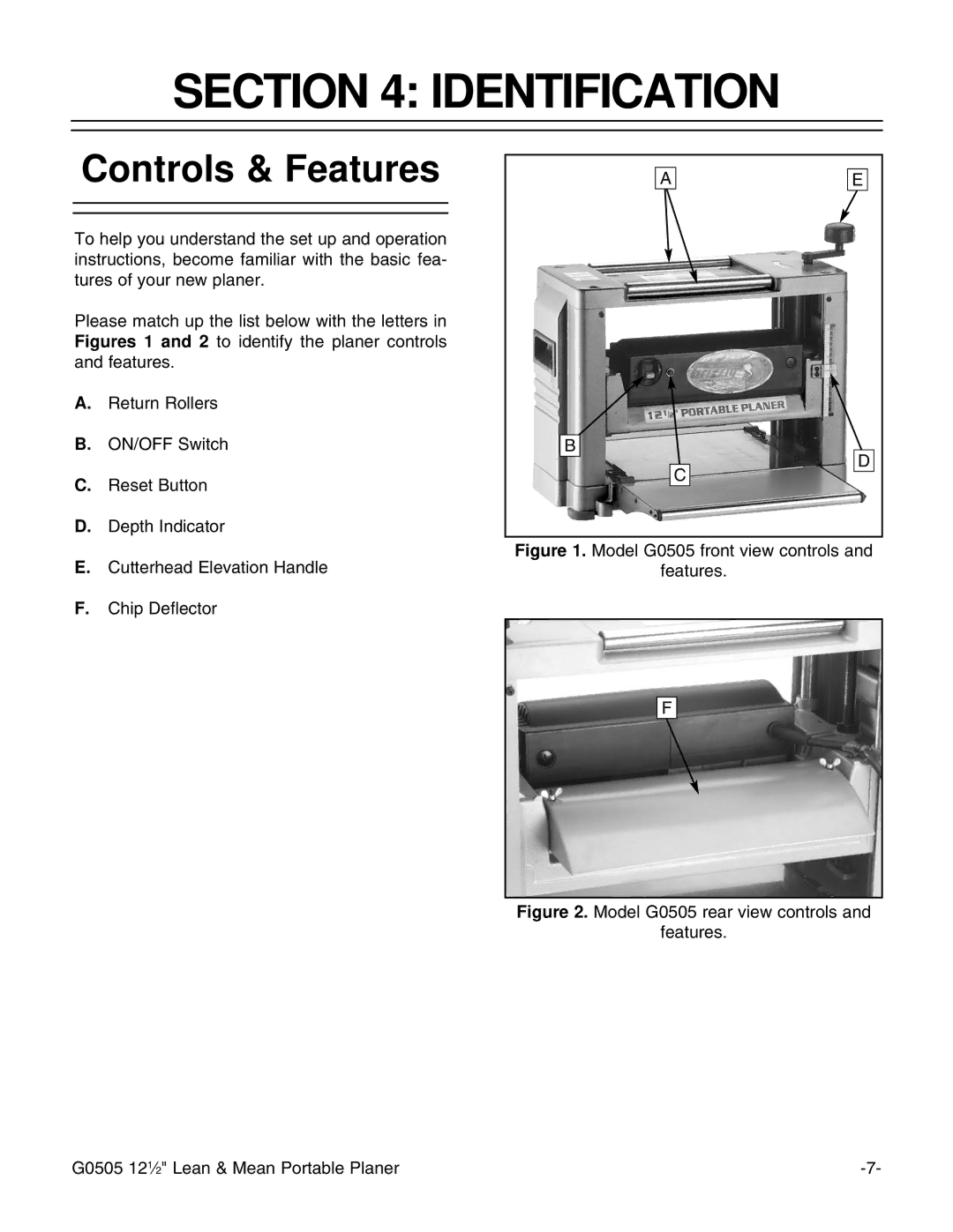 Grizzly G0505 instruction manual Identification, Controls & Features 