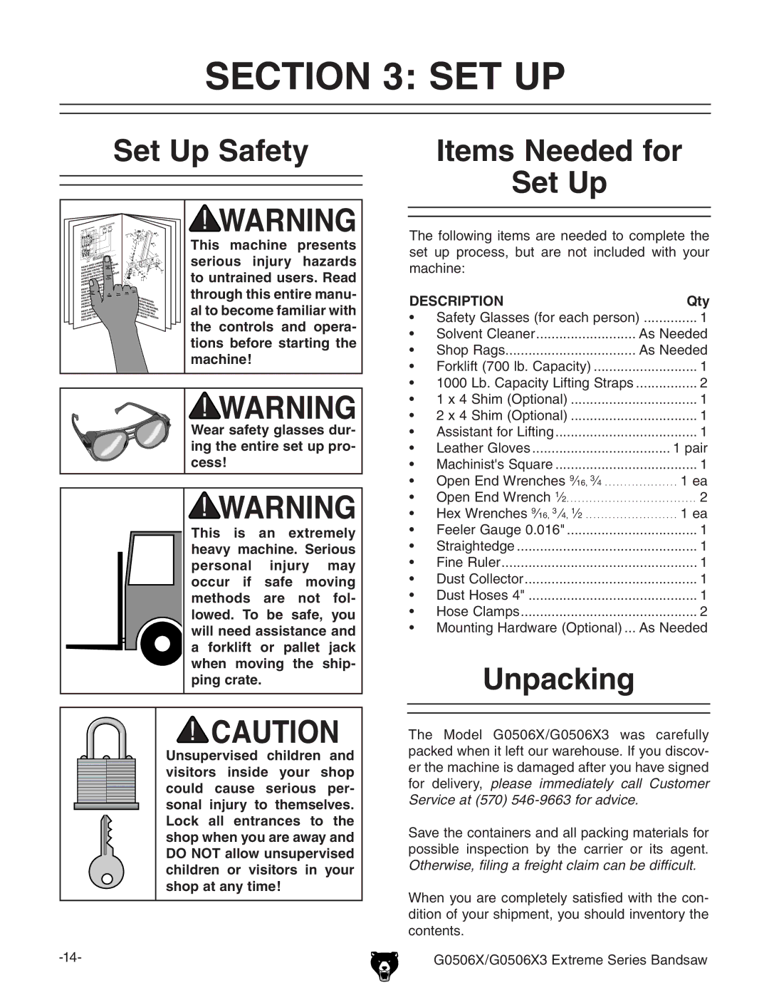 Grizzly G0506X3 manual #4/. 3%4, 3ETT5P 3AFETY, 5NPACKING 