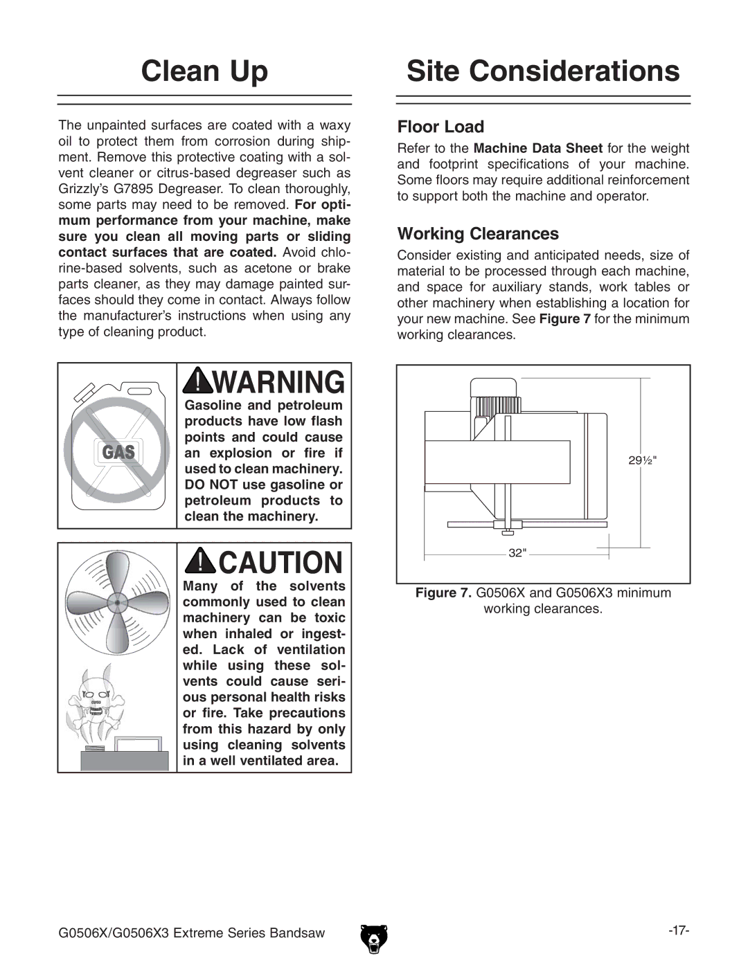 Grizzly G0506X3 manual #LEAN 5P, 3ITE #ONSIDERATIONS, Looro,Oad, 7ORKINGK#LEARANCES 