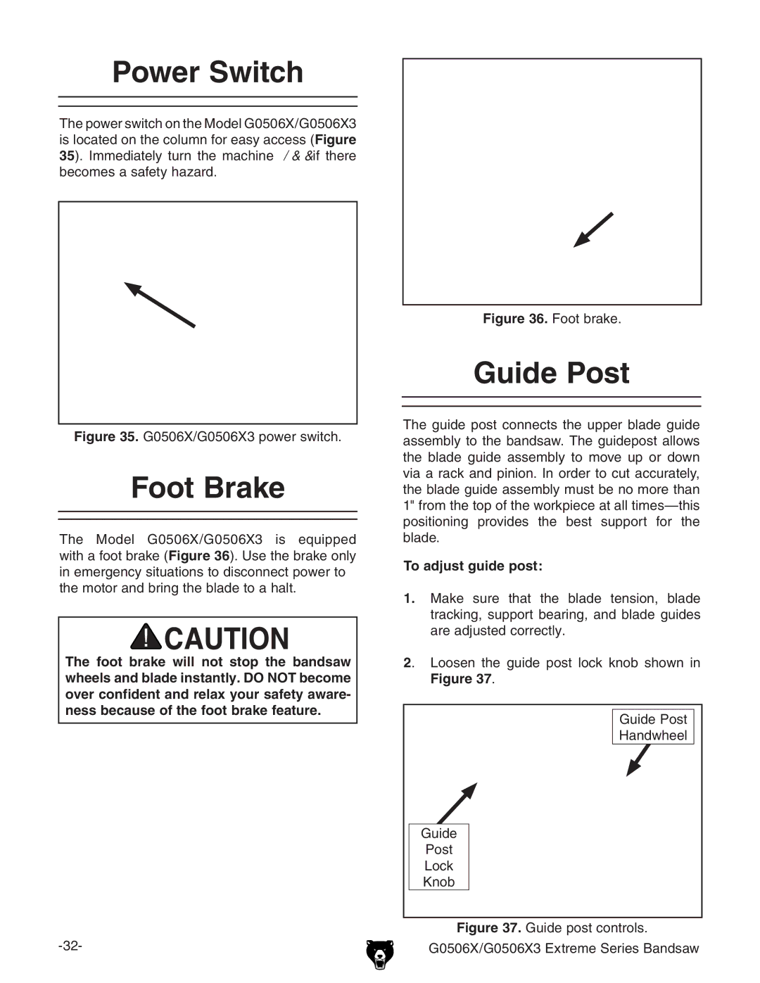 Grizzly G0506X3 manual 0OWER 3WITCH, OOT Rake, Uide 0OST, 4O ADJUSTUGUIDEEPOST 