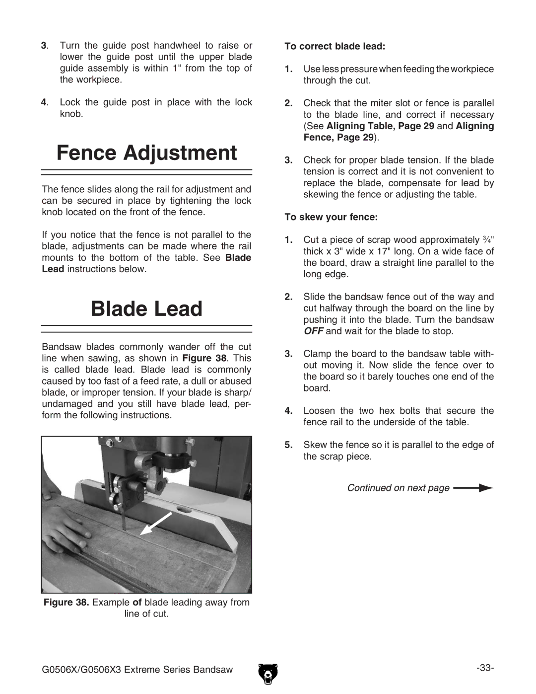 Grizzly G0506X3 manual Ence !DJUSTMENT, Ladee,Ead, 4O CORRECTRBLADEALEAD, 4O Skew Your FENCE 