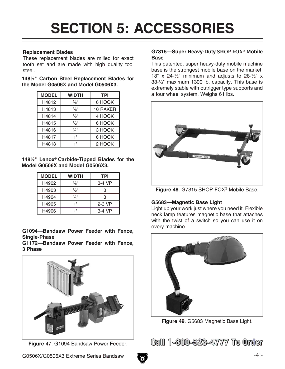 Grizzly G0506X3 manual #4/.  !##%33/2%3, 2EPLACEMENTCLADES, Igure #,&*H=DEDMœBdWaZ7VhZ#,  -Agnetic Ase ,Ight 