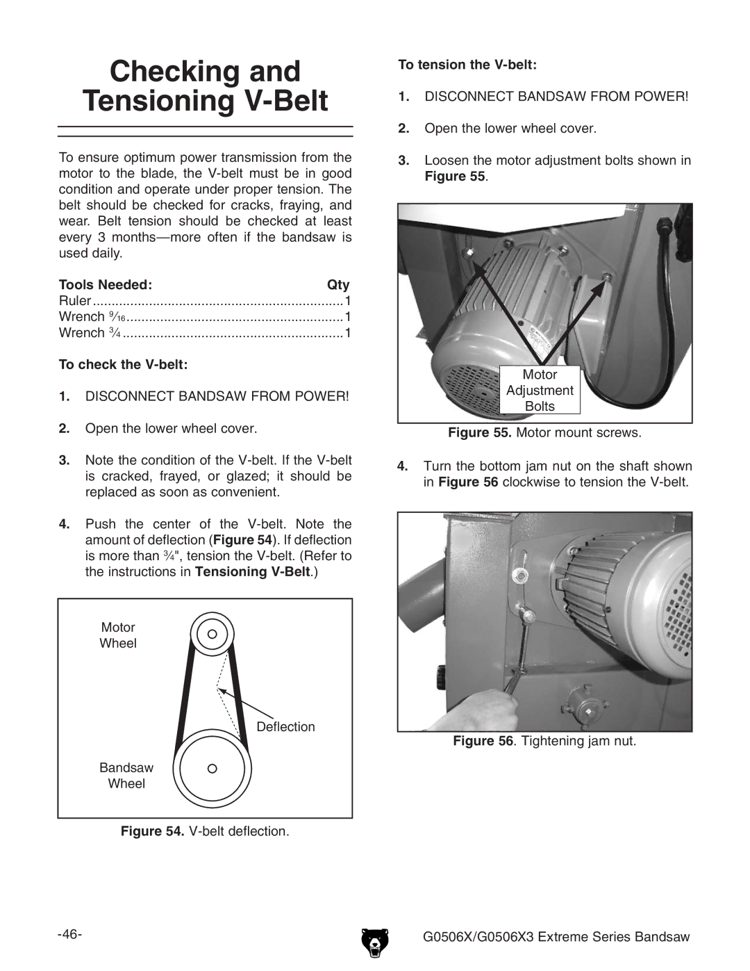 Grizzly G0506X3 manual #HECKING 4ENSIONING 6ELT, 4O Check THEH6BELT, 4O Tension the 6BELT 