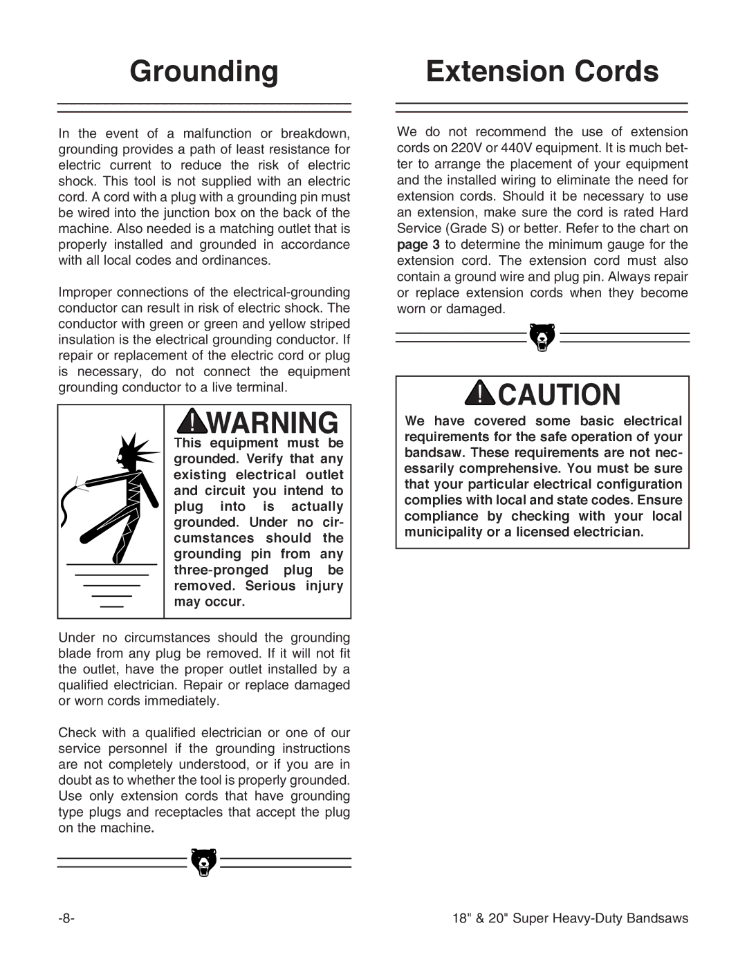 Grizzly G0506, G0507, G0511 instruction manual Grounding Extension Cords 