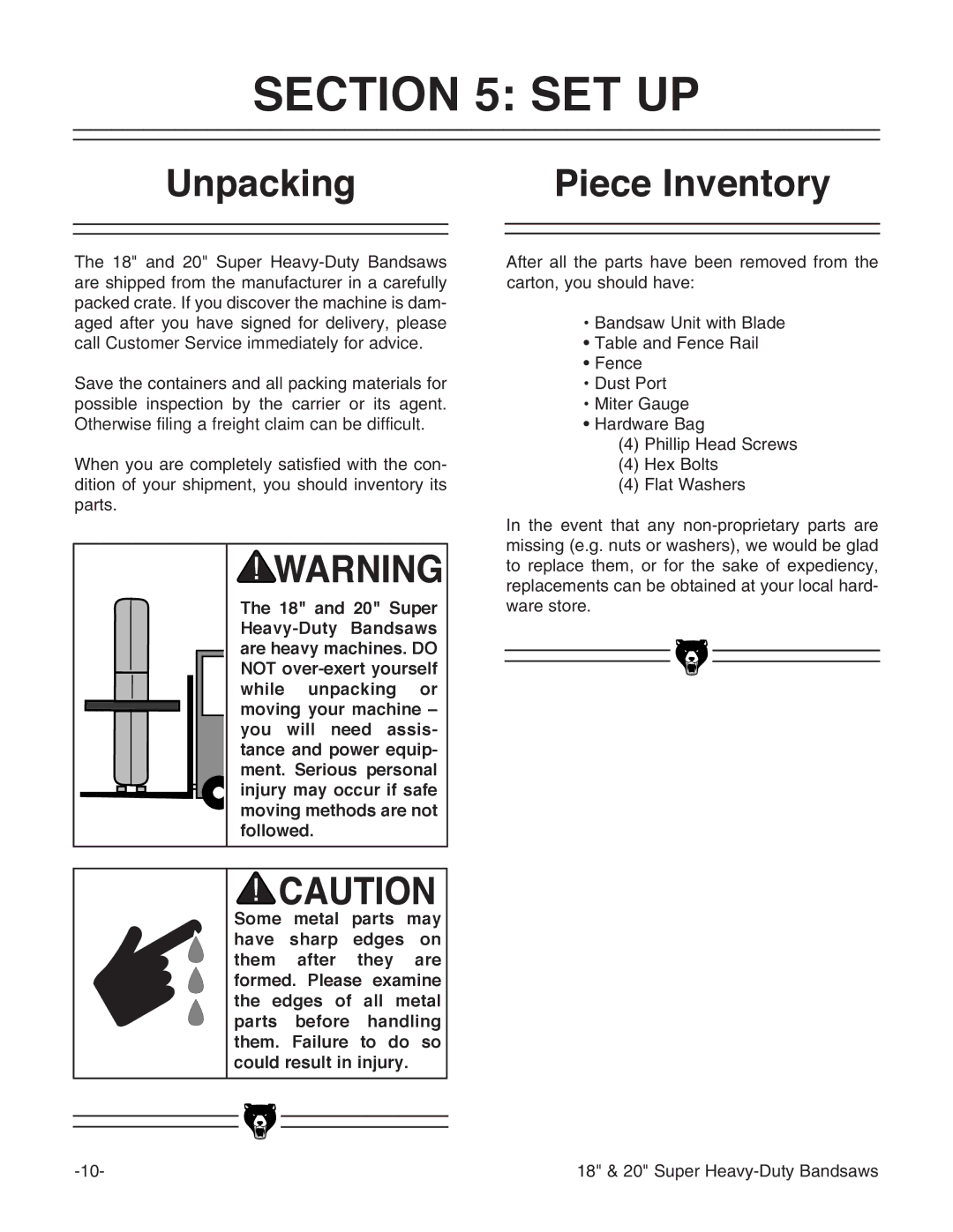 Grizzly G0507, G0506, G0511 instruction manual Set Up, Unpacking Piece Inventory 