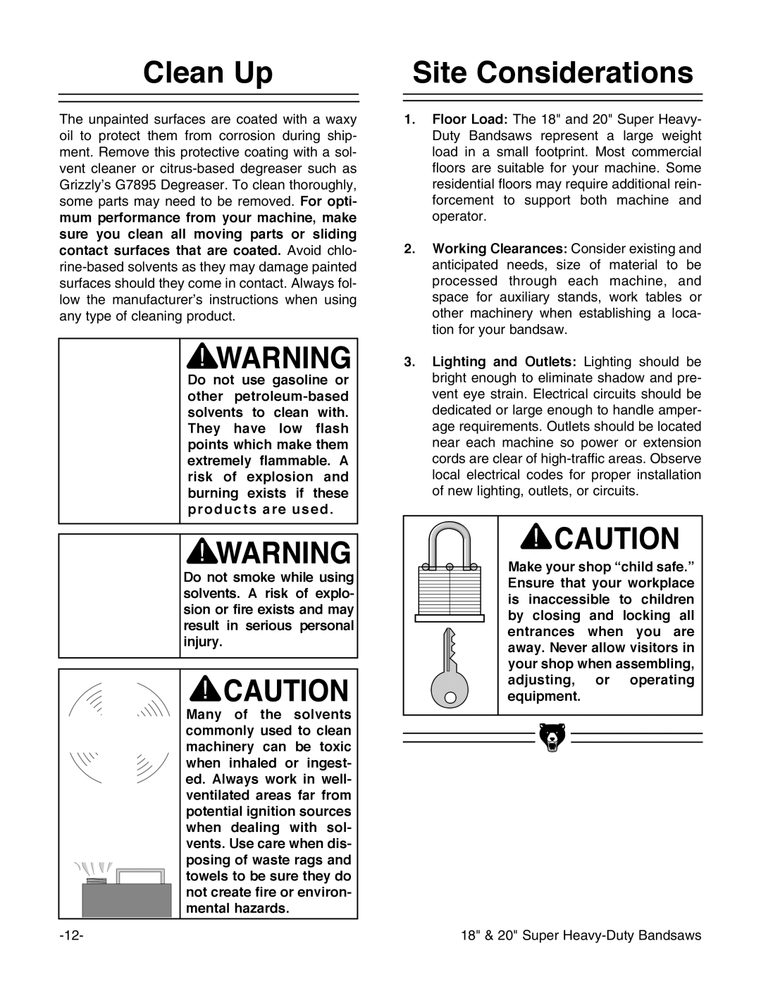 Grizzly G0511, G0507, G0506 instruction manual Clean Up, Site Considerations 