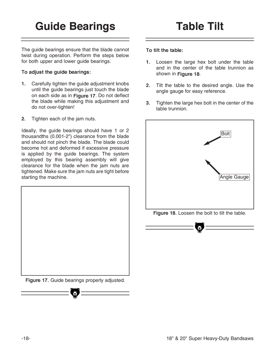 Grizzly G0511, G0507, G0506 instruction manual Guide Bearings Table Tilt, To adjust the guide bearings, To tilt the table 