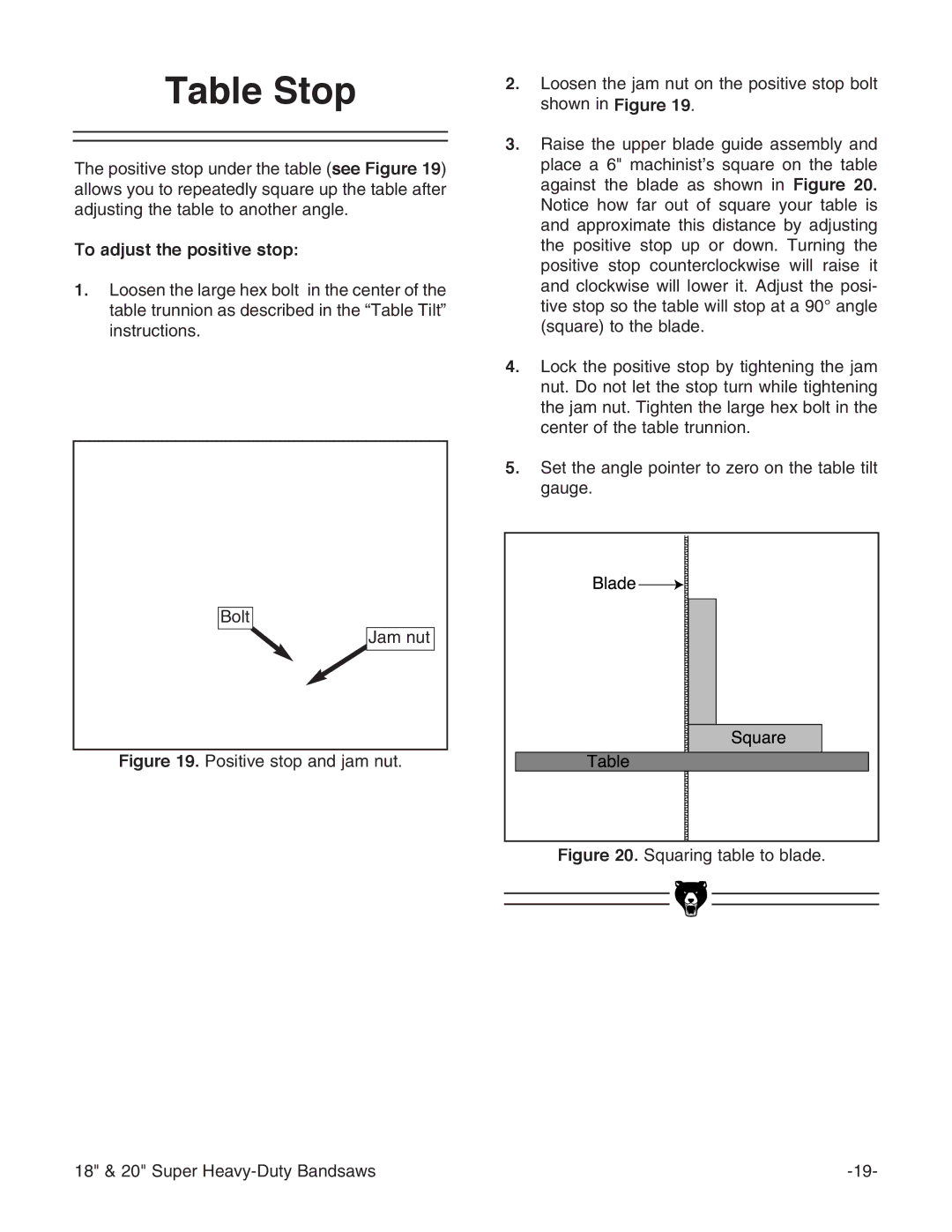 Grizzly G0507, G0506, G0511 instruction manual Table Stop, To adjust the positive stop 