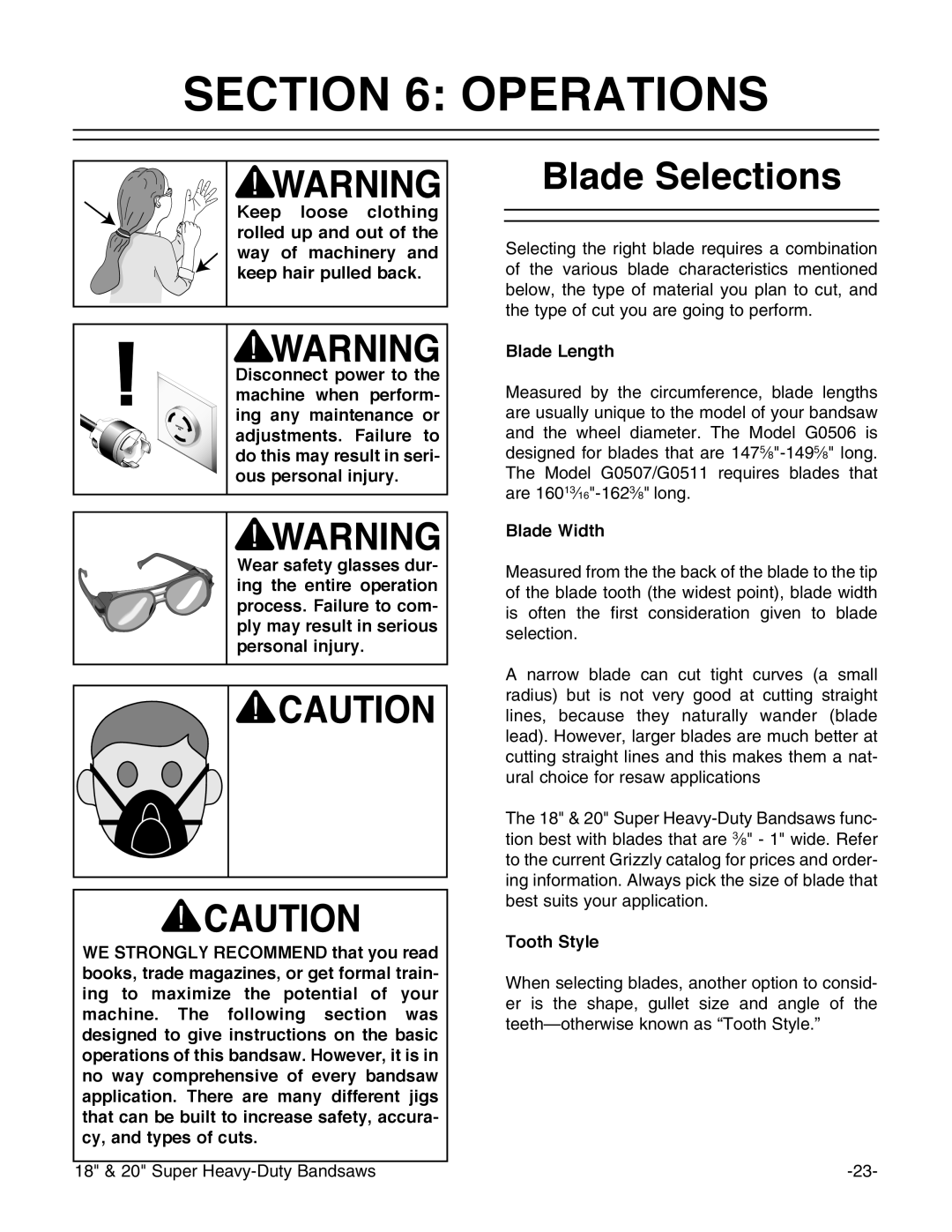 Grizzly G0506, G0507, G0511 instruction manual Operations, Blade Selections, Blade Length, Blade Width, Tooth Style 