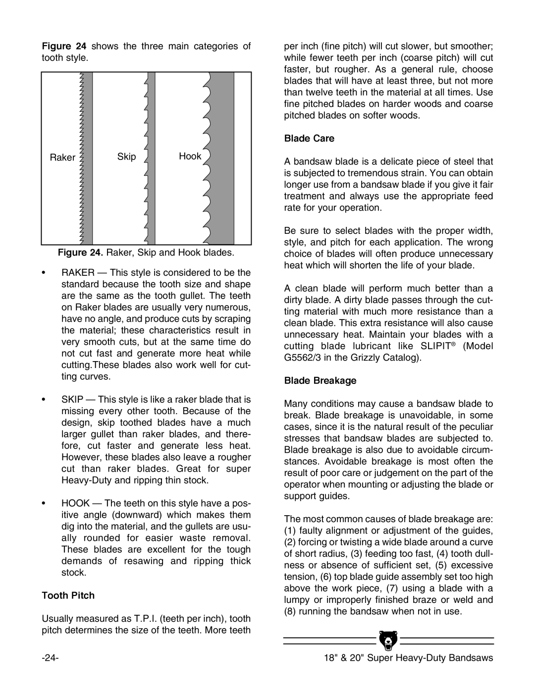 Grizzly G0511, G0507, G0506 instruction manual Tooth Pitch, Blade Care, Blade Breakage 