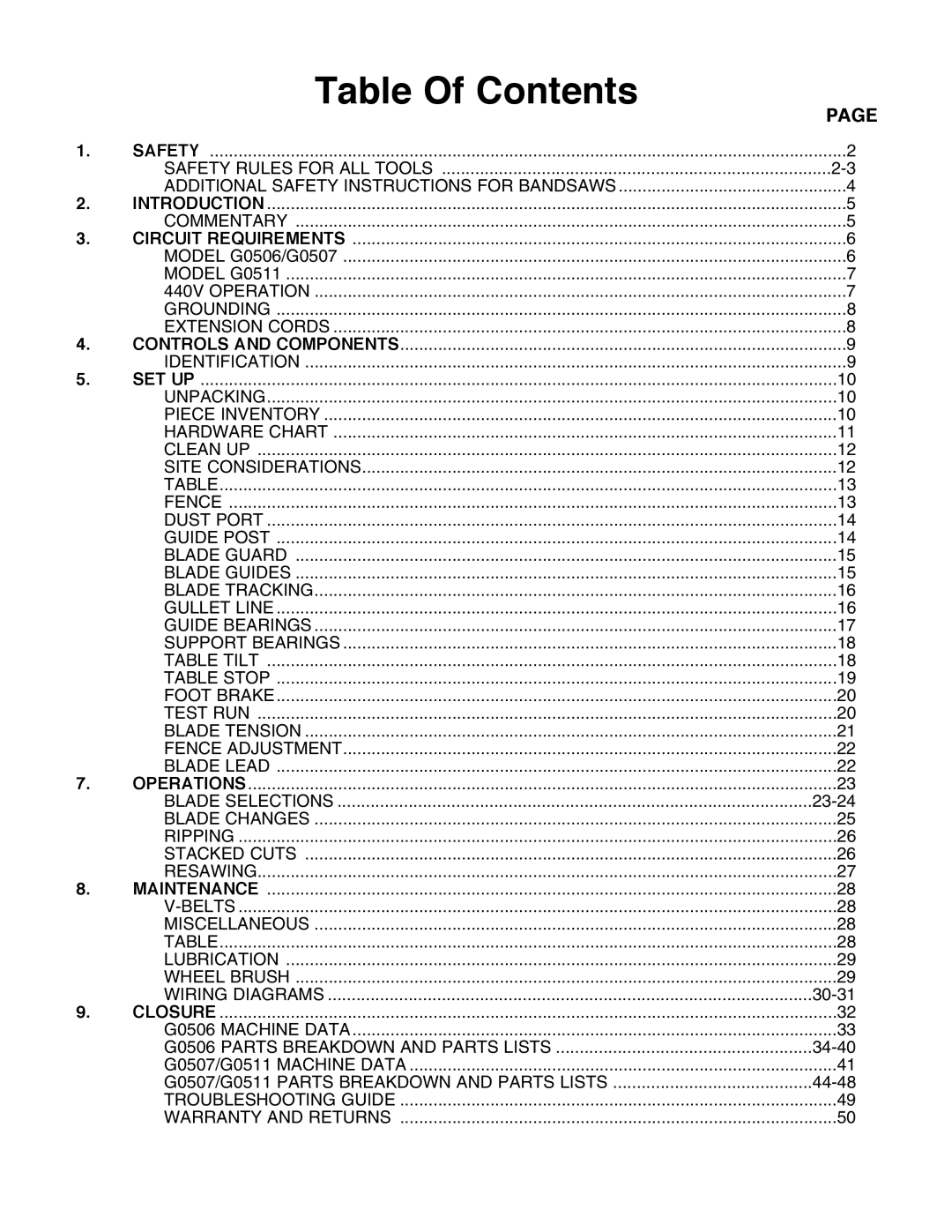 Grizzly G0507, G0506, G0511 instruction manual Table Of Contents 