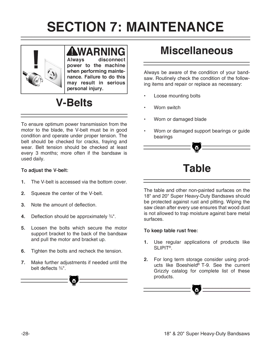 Grizzly G0507, G0506, G0511 Maintenance, Belts, Miscellaneous, To adjust the V-belt, To keep table rust free 