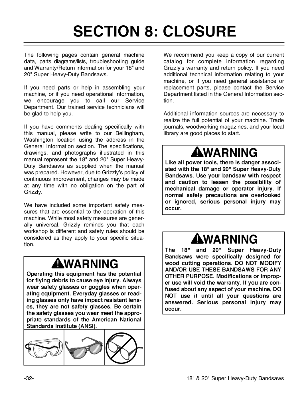 Grizzly G0506, G0507, G0511 instruction manual Closure 