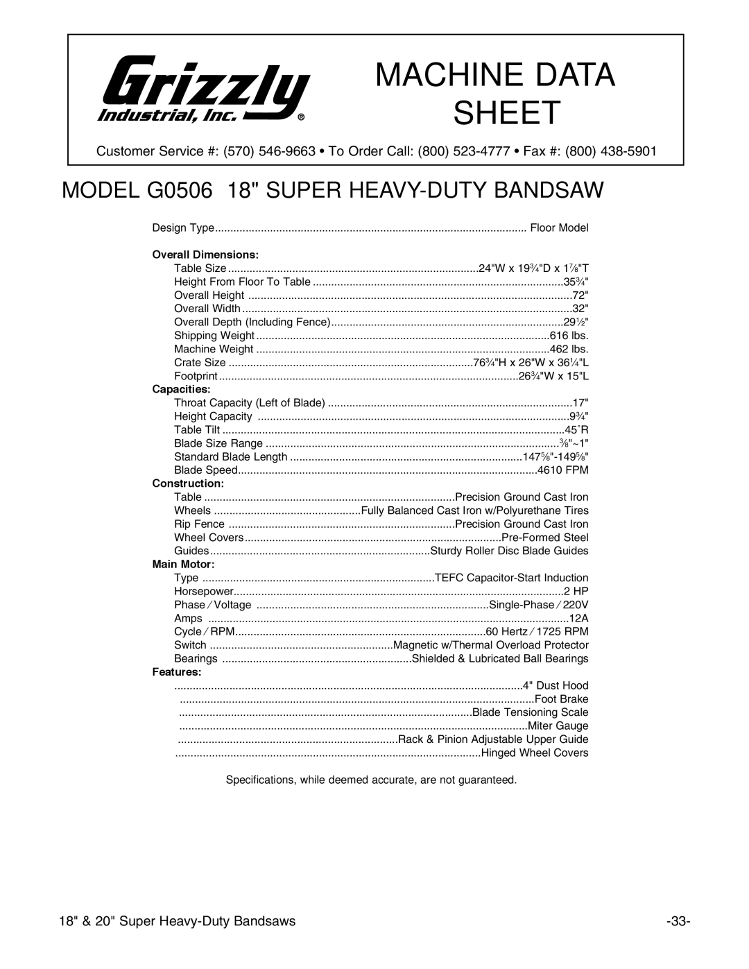 Grizzly G0511, G0507, G0506 instruction manual Machine Data Sheet 