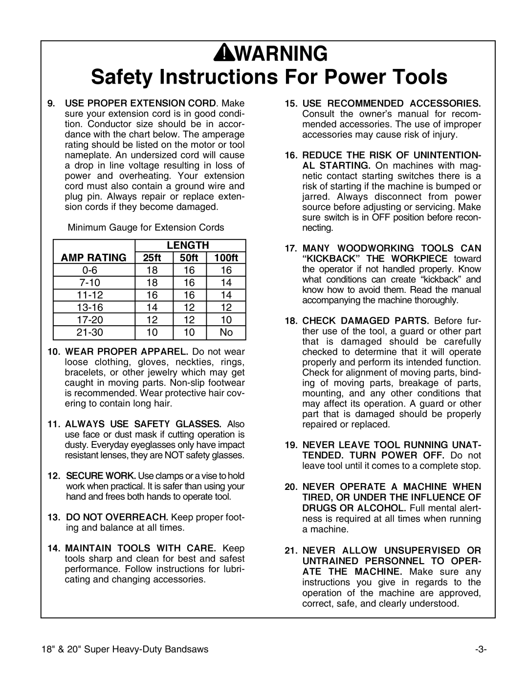 Grizzly G0511, G0507, G0506 instruction manual Length AMP Rating 