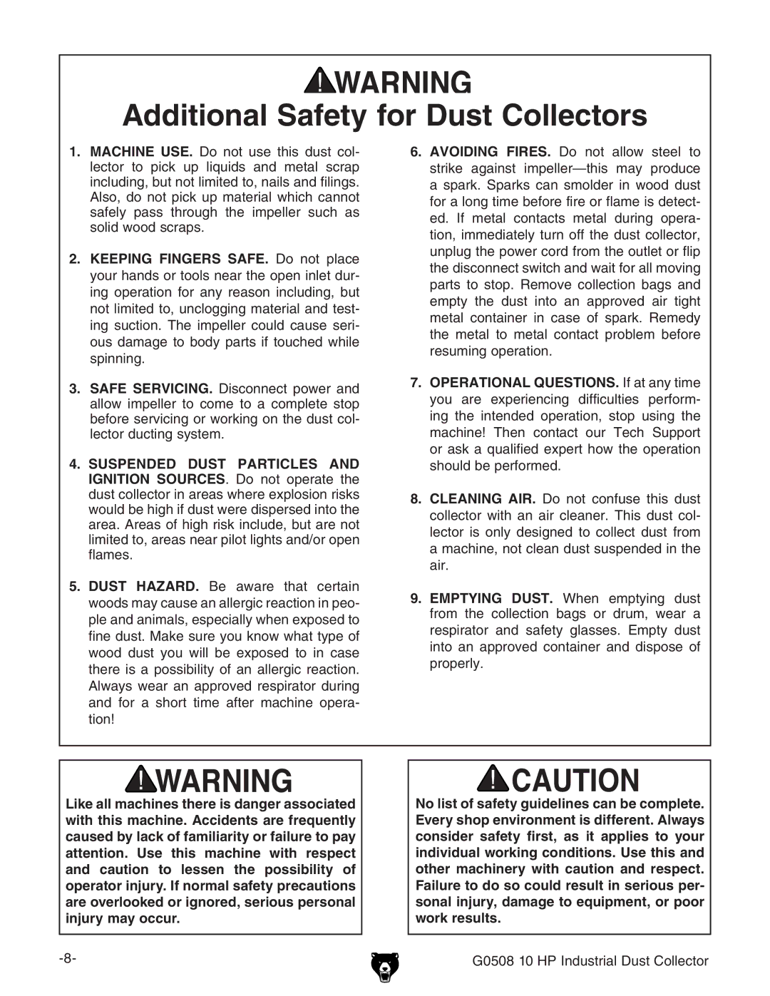 Grizzly G0508 owner manual Additional Safety for Dust Collectors 