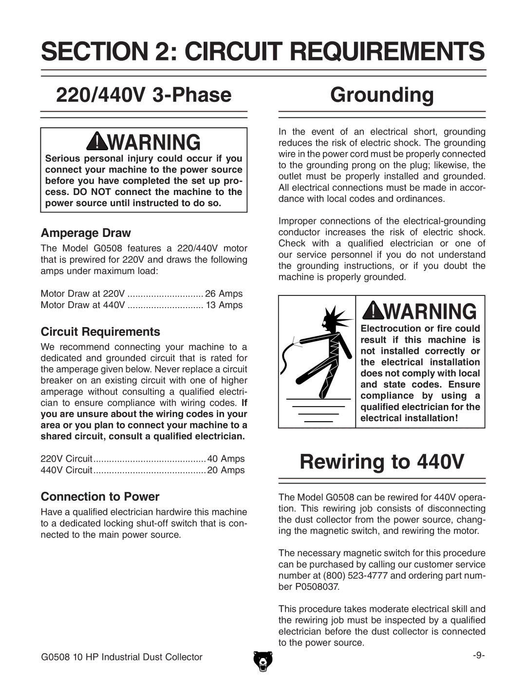 Grizzly G0508 owner manual Circuit Requirements, 220/440V 3-Phase Grounding, Rewiring to 