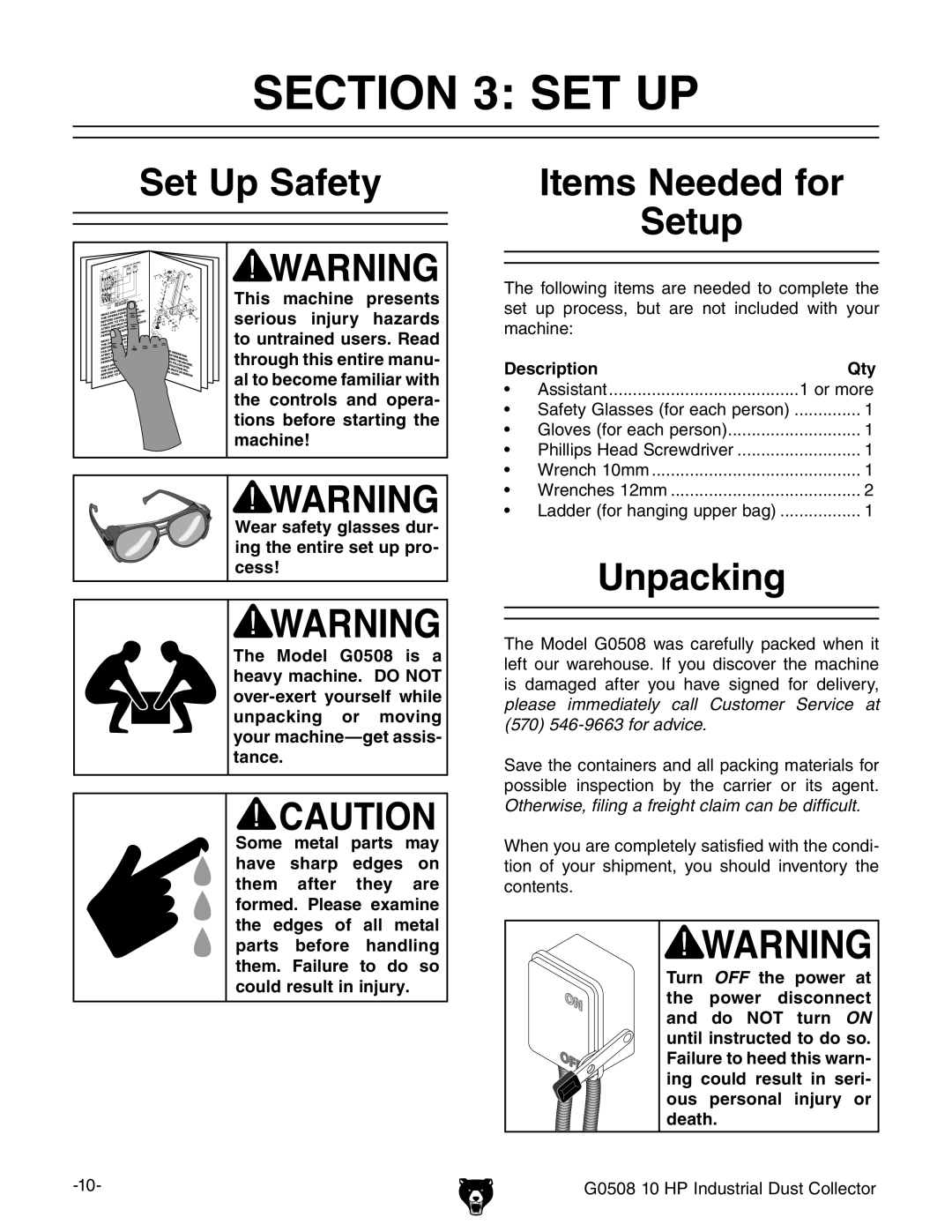 Grizzly G0508 owner manual Set Up Safety, Items Needed for Setup, Unpacking, Description Qty 