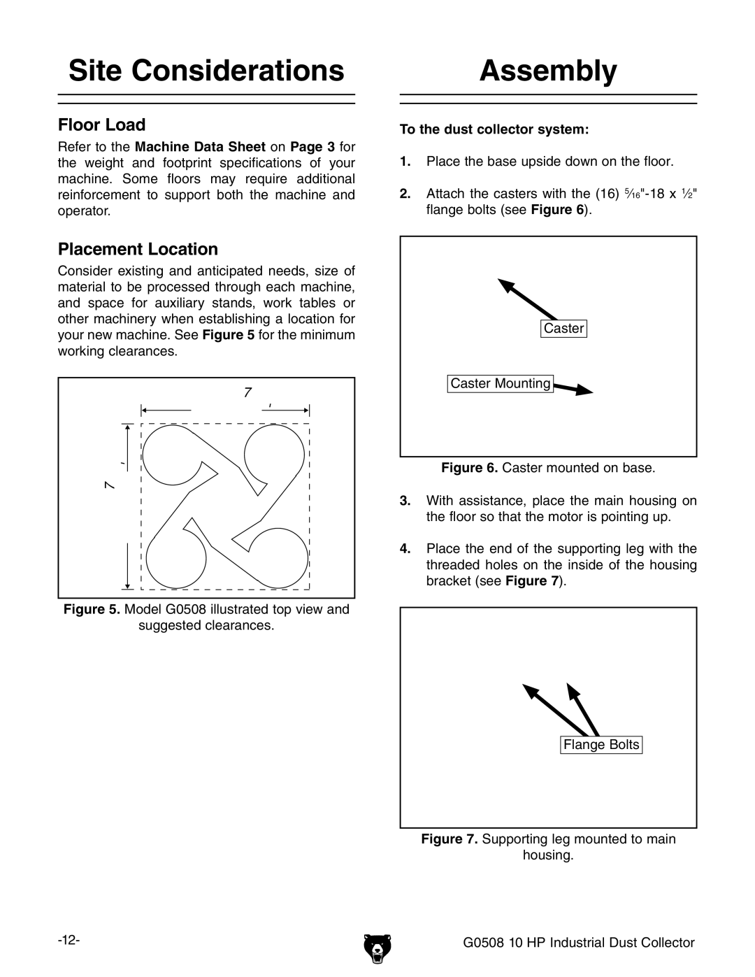 Grizzly G0508 owner manual Site Considerations, Assembly, Floor Load, Placement Location, To the dust collector system 