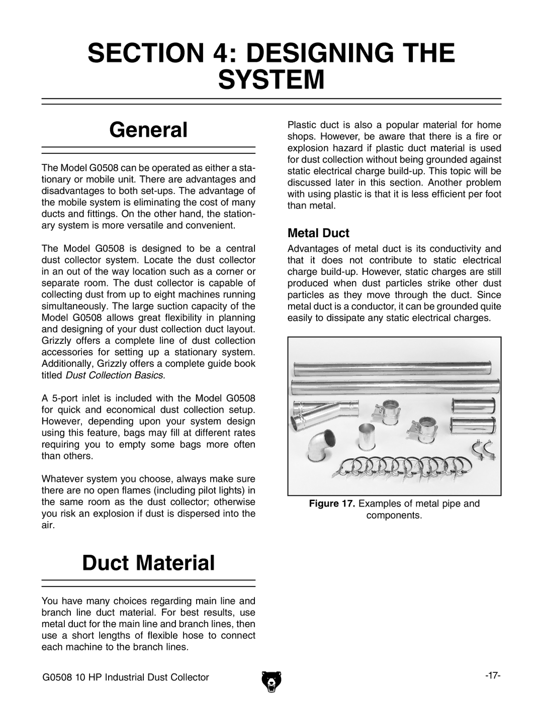 Grizzly G0508 owner manual Designing System, General, Duct Material, Metal Duct 