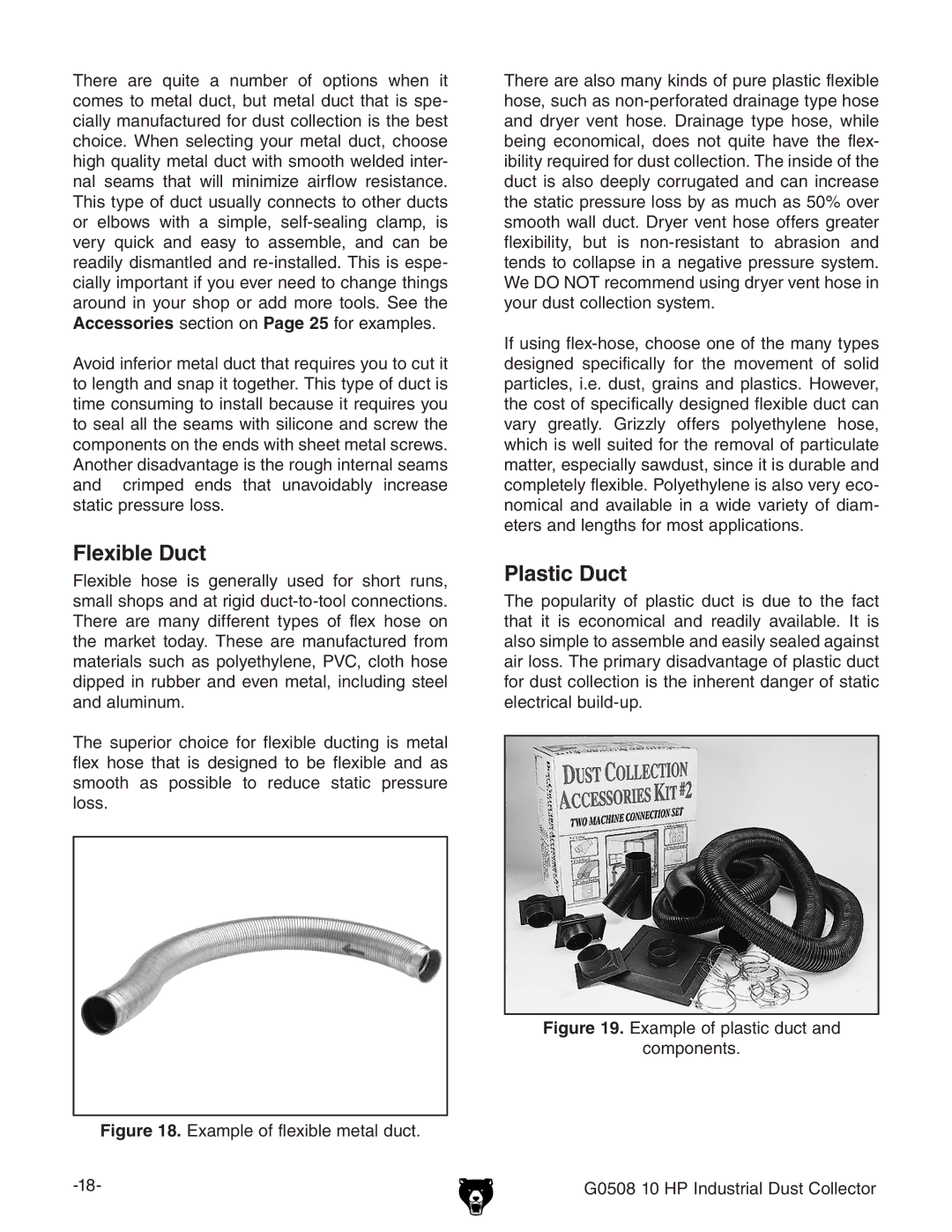 Grizzly G0508 owner manual Flexible Duct, Plastic Duct 