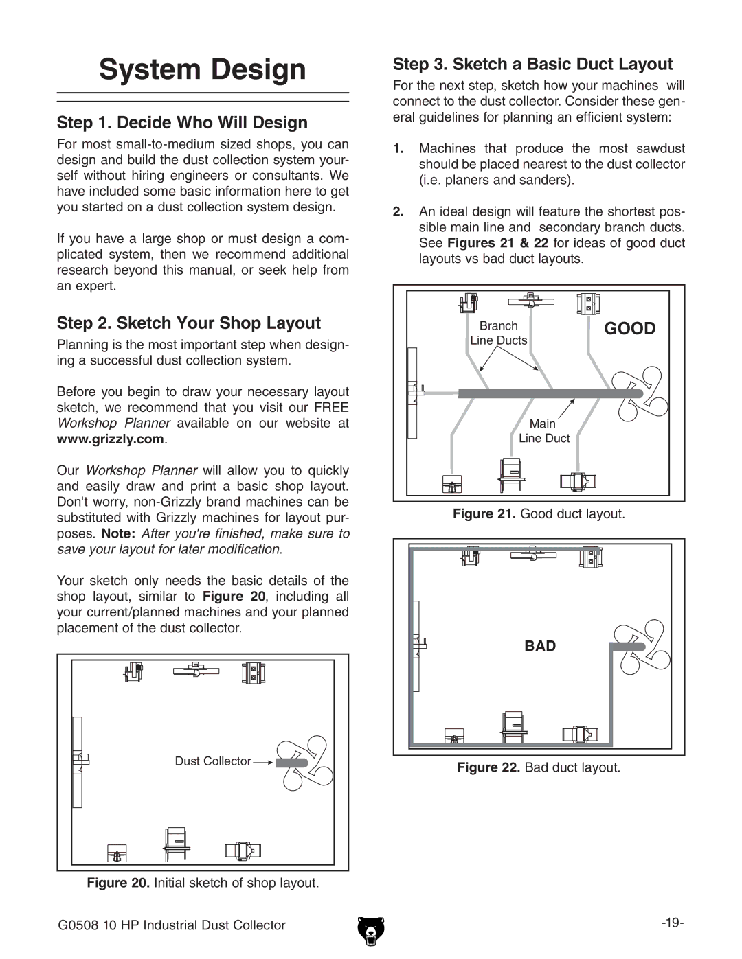 Grizzly G0508 owner manual System Design, Decide Who Will Design, Sketch Your Shop Layout, Sketch a Basic Duct Layout 