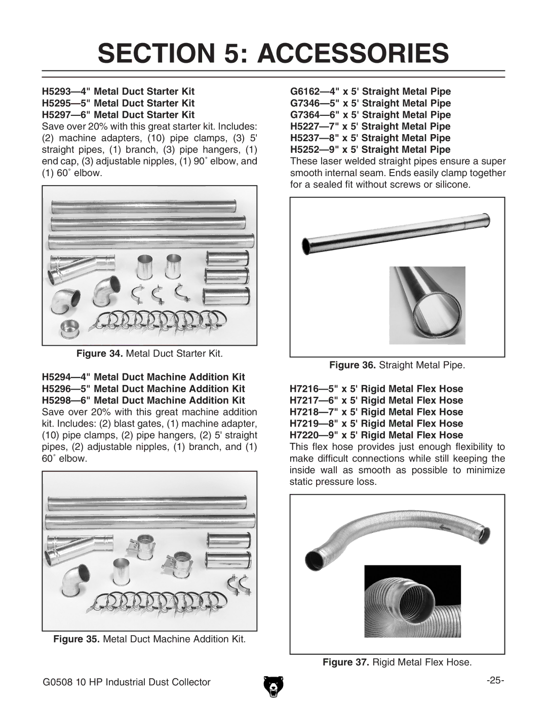 Grizzly G0508 owner manual Accessories, Metal Duct Starter Kit 