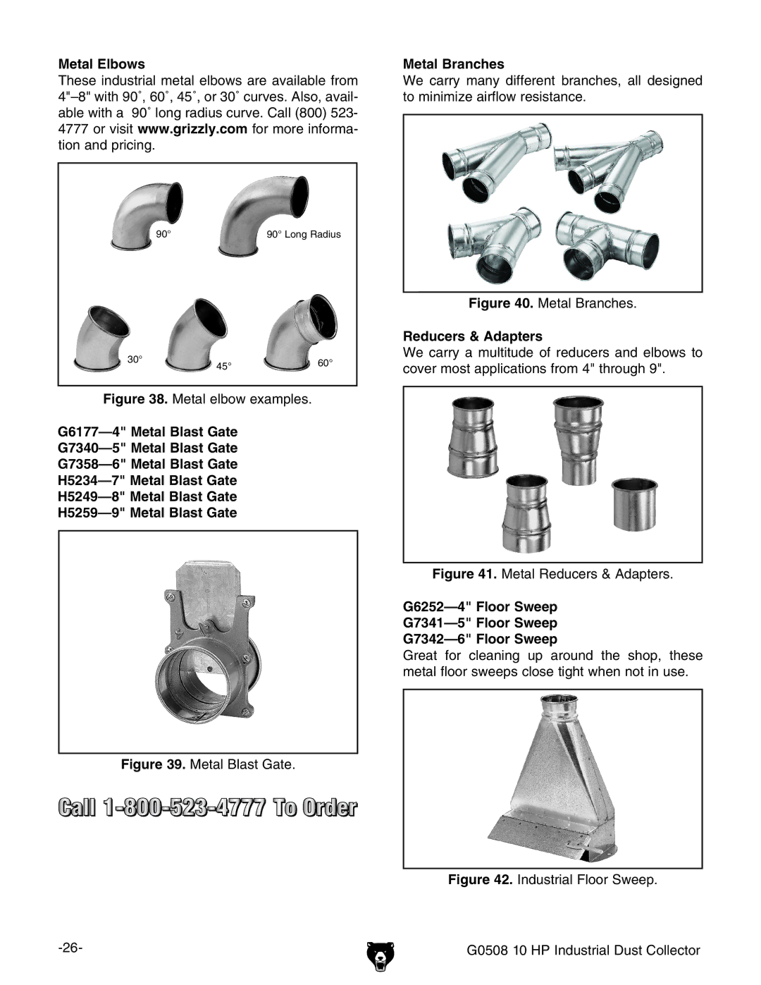 Grizzly G0508 owner manual Metal Elbows, Metal Branches, Reducers & Adapters 