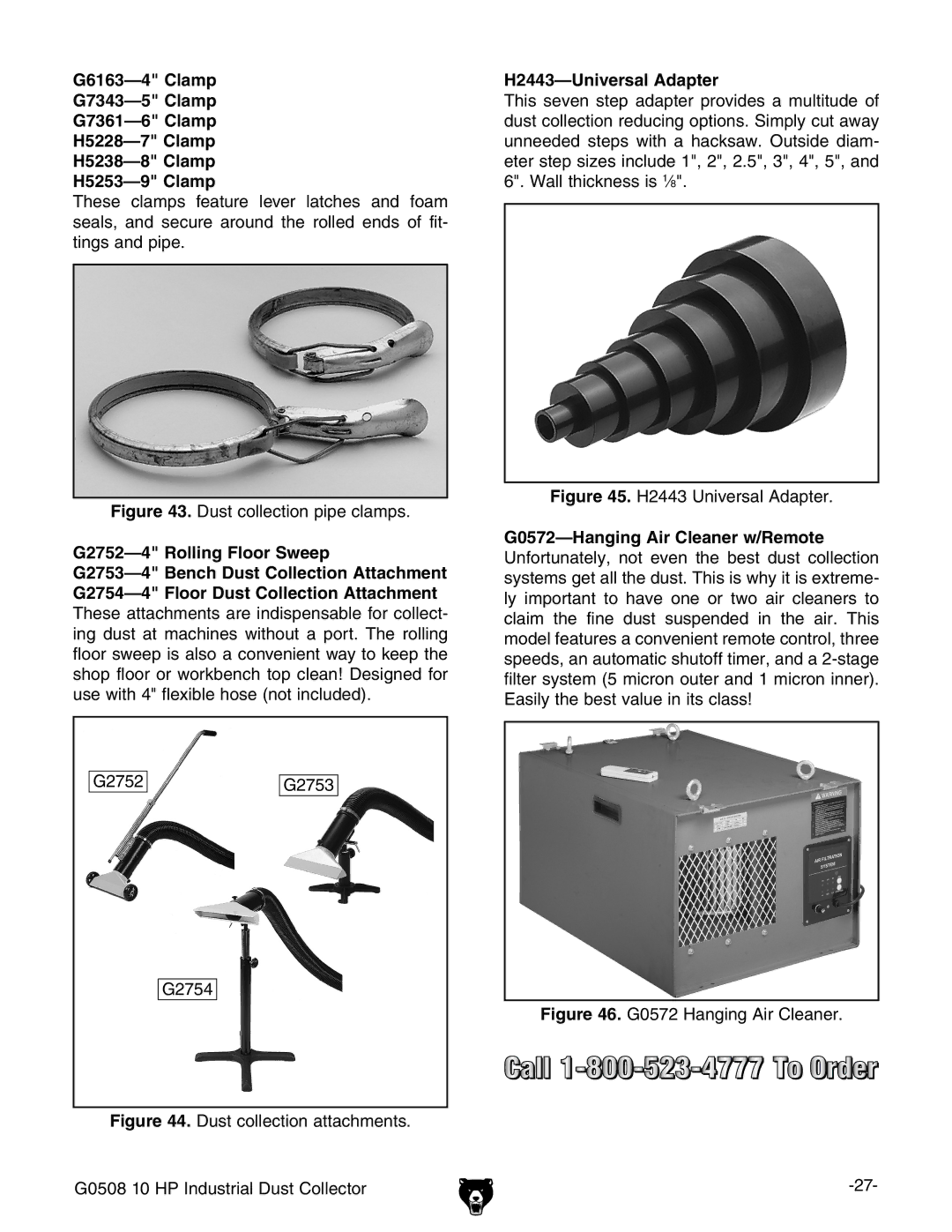 Grizzly G0508 owner manual Dust collection pipe clamps, H2443-Universal Adapter 