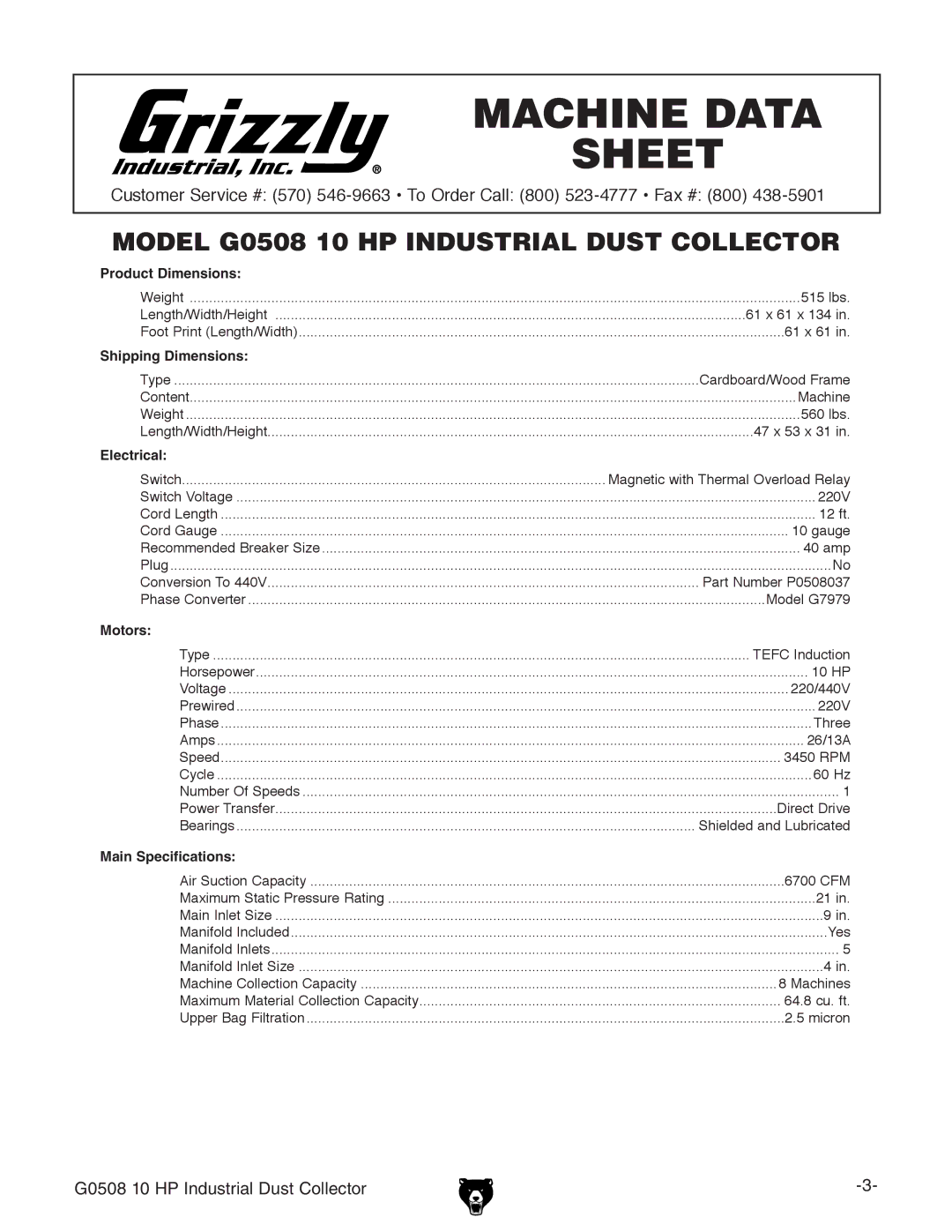 Grizzly G0508 owner manual Machine Data Sheet 