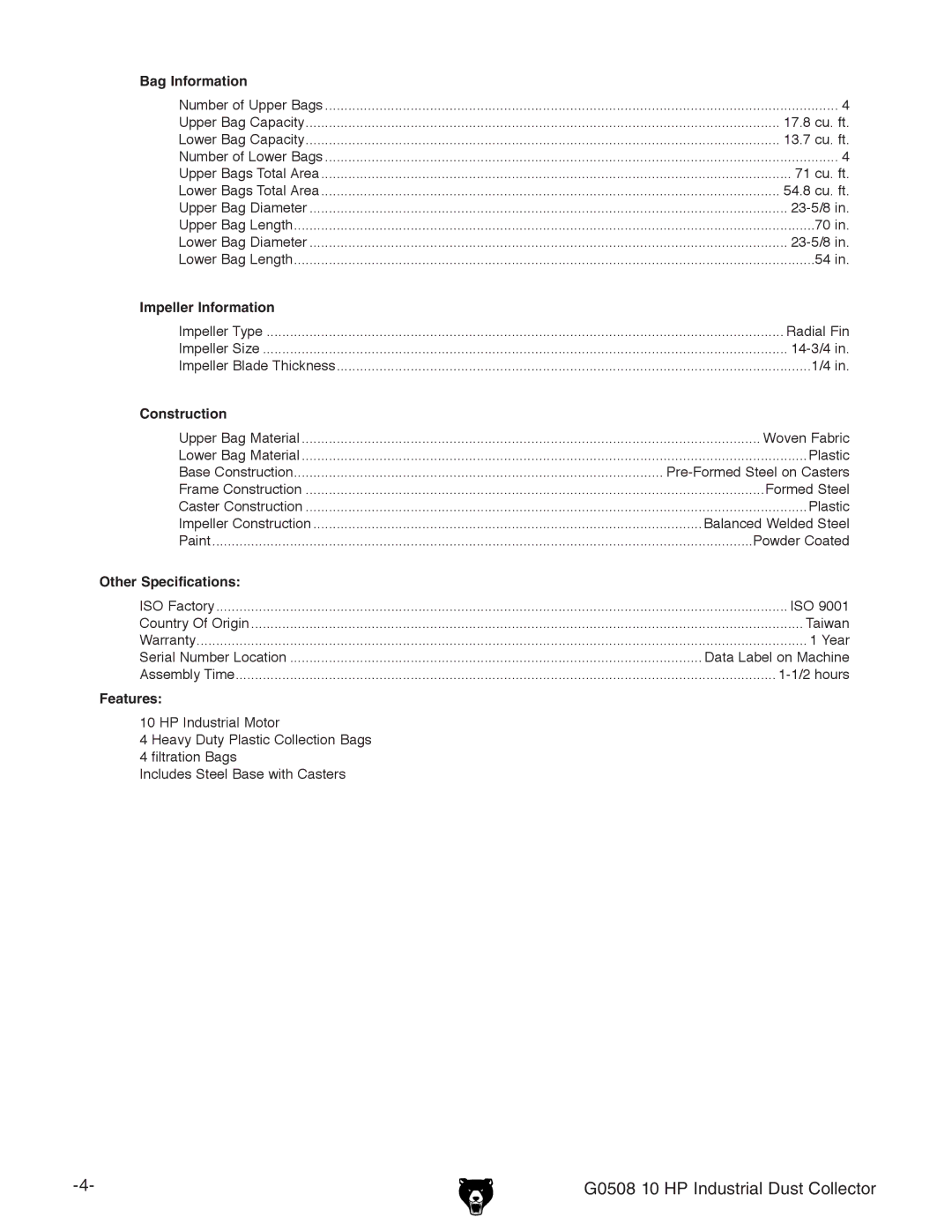 Grizzly G0508 owner manual Impeller Information 