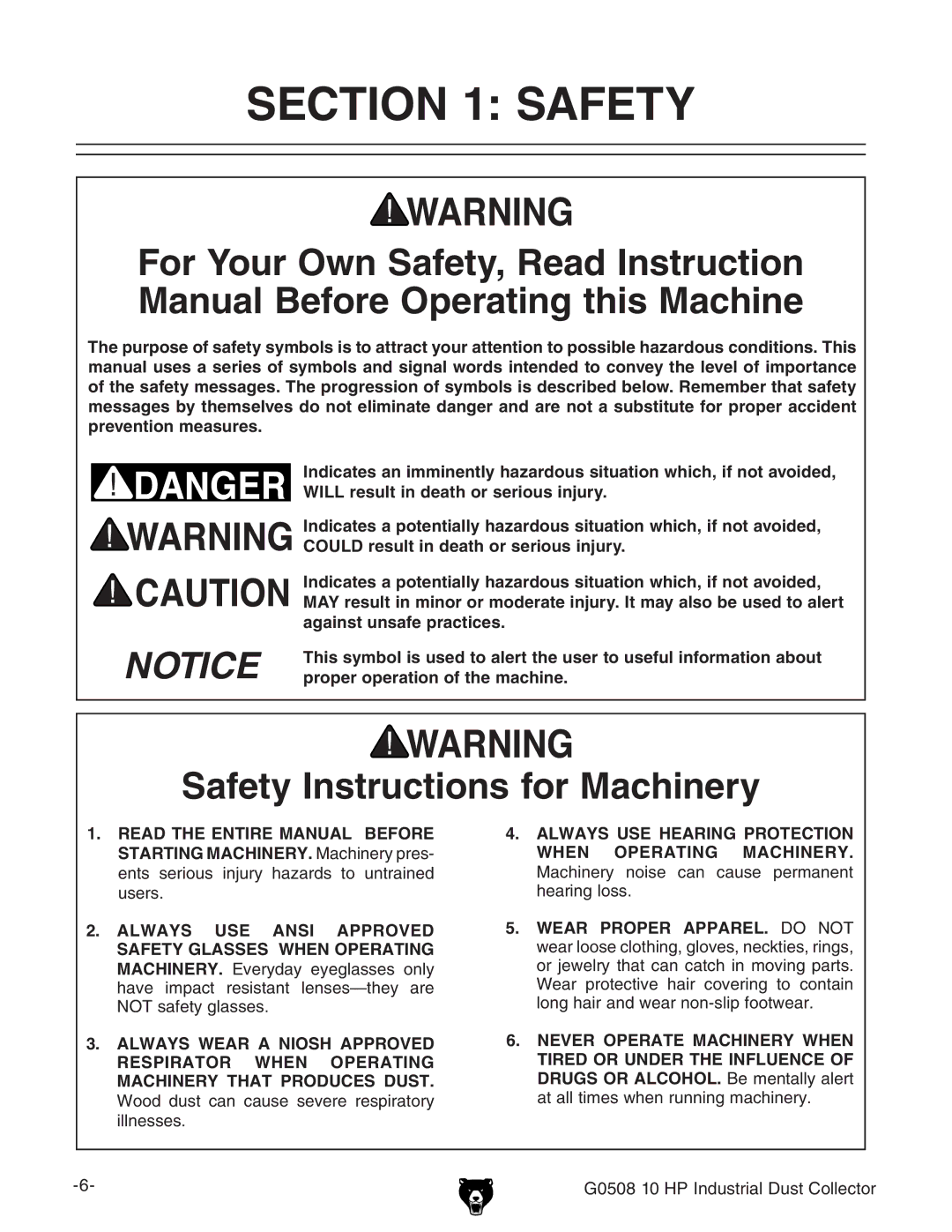 Grizzly owner manual G0508 10 HP Industrial Dust Collector 