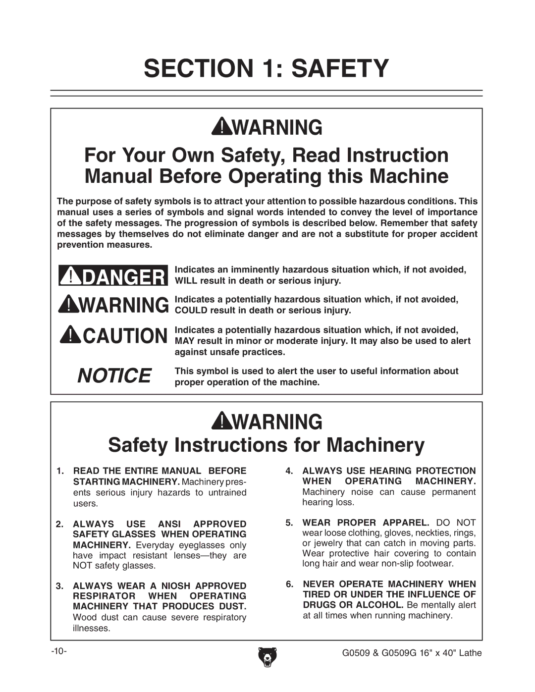 Grizzly G0509 manual #4/. 3!&%49, 3AFETYYNSTRUCTIONS for -ACHINERY 