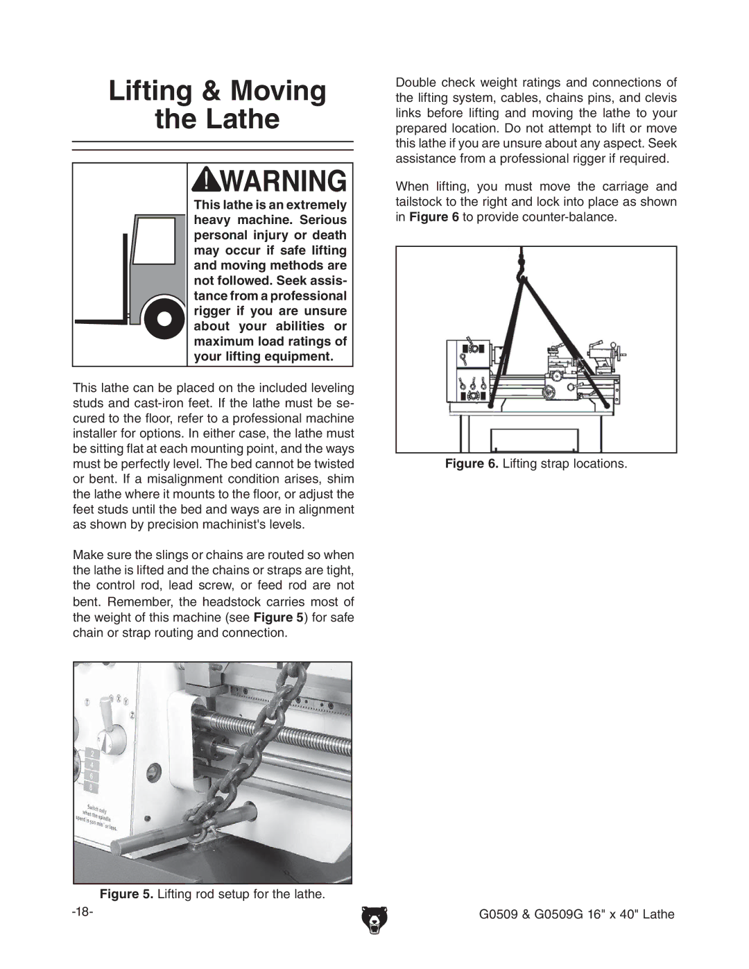 Grizzly G0509 manual Ifting  -OVING THEH,ATHE, Igure  Aic\gdYhZijedgiZaViZ# 