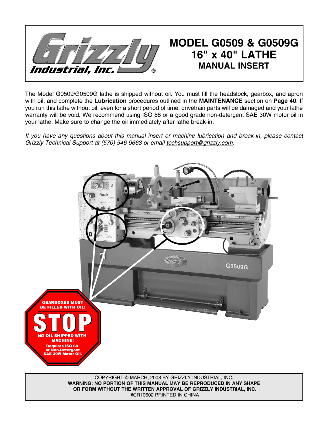 Grizzly manual Model G0509 & G0509G 16 x 40 Lathe 