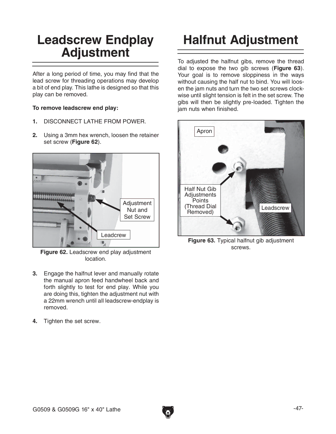 Grizzly G0509 manual Alfnut !DJUSTMENT, 4O Remove Leadscrew END PLAY 
