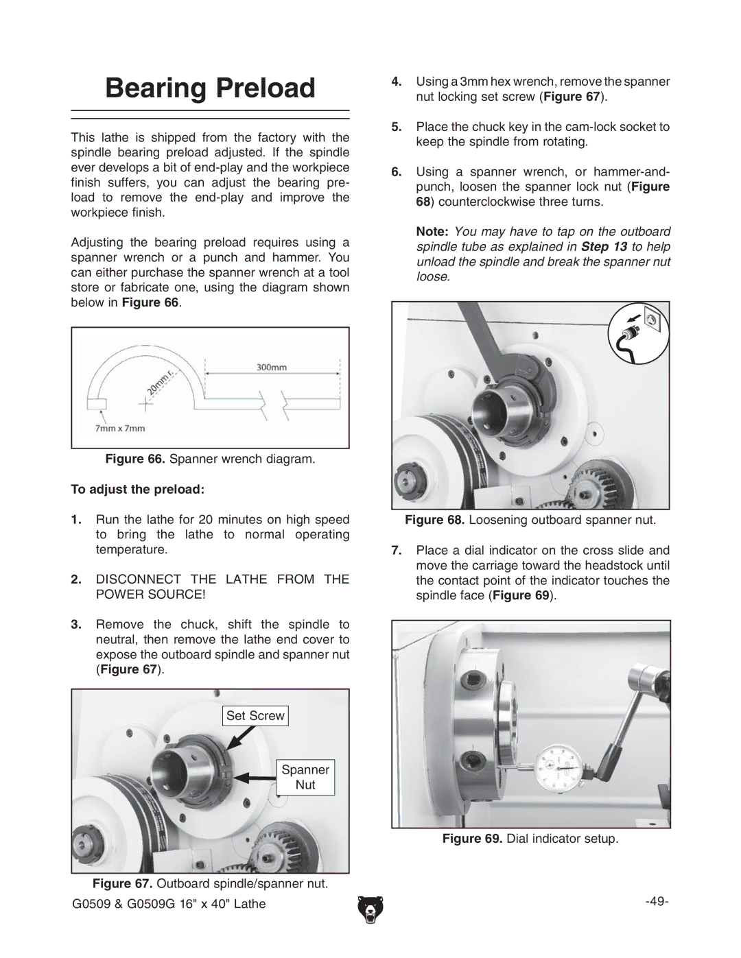 Grizzly G0509 manual Earing 0RELOAD, 4O ADJUSTUTHEHPRELOAD 