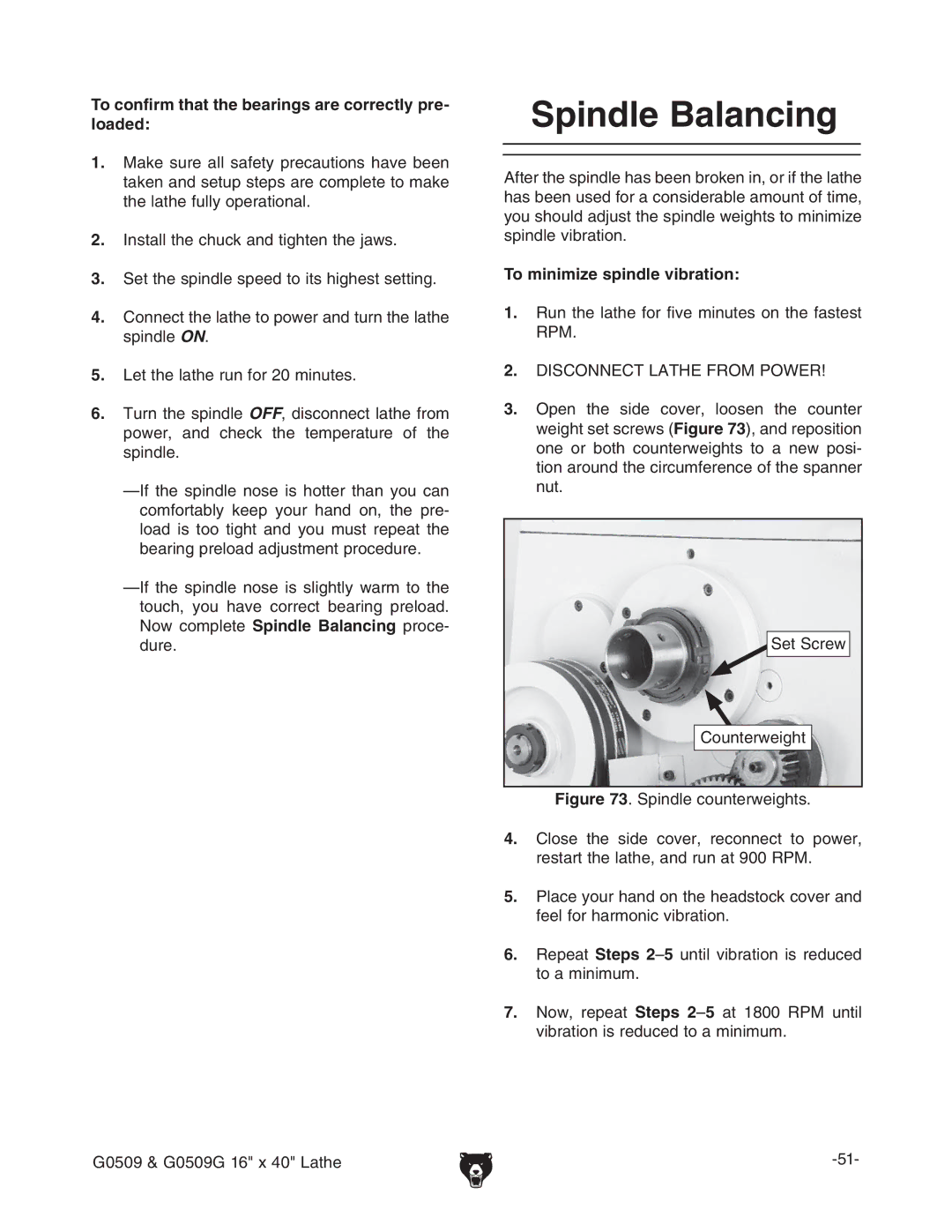 Grizzly G0509 3PINDLE Alancing, 4O Confirmrthatathehbearings Areecorrectlylpre LOADED, 4O Minimize Spindle VIBRATION 