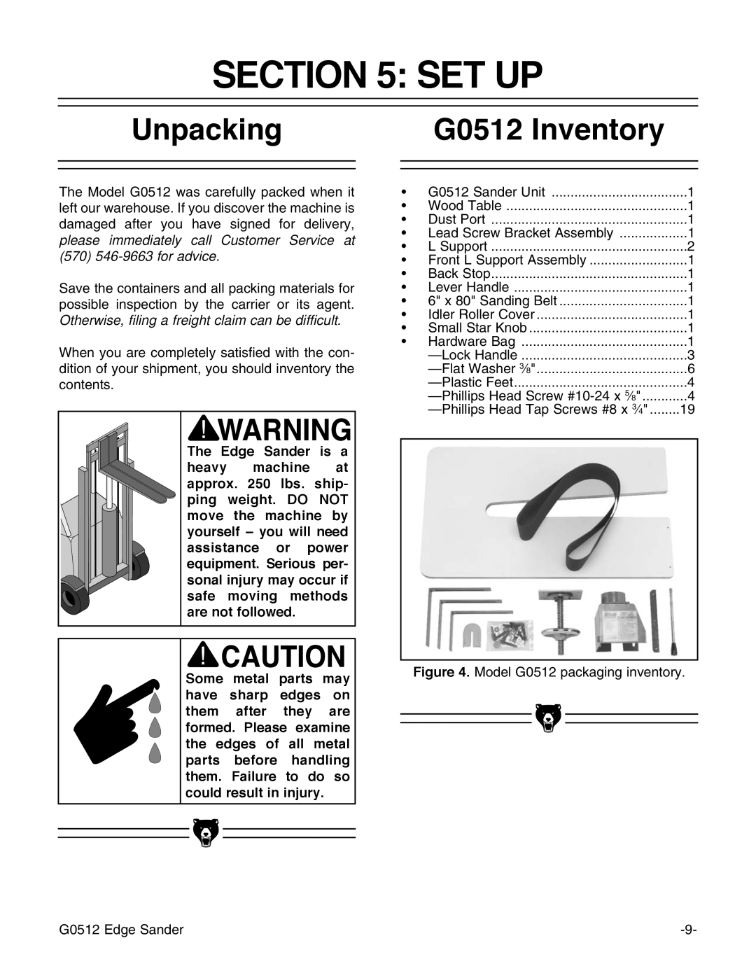 Grizzly instruction manual Set Up, Unpacking, G0512 Inventory 