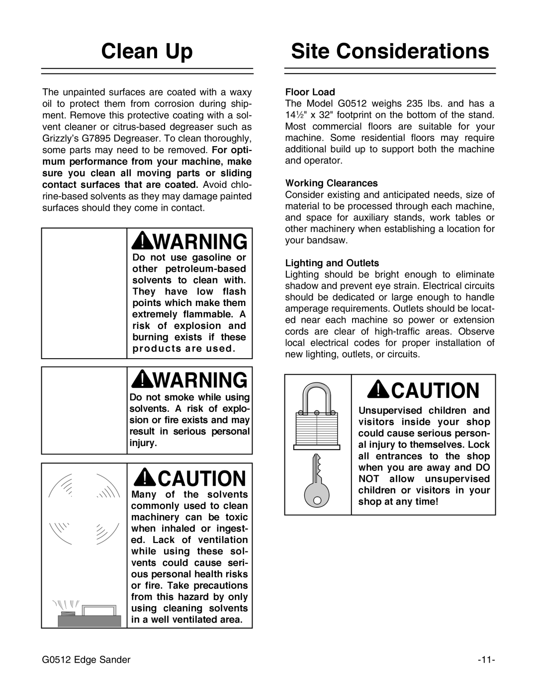 Grizzly G0512 instruction manual Clean Up, Site Considerations, Floor Load, Working Clearances, Lighting and Outlets 