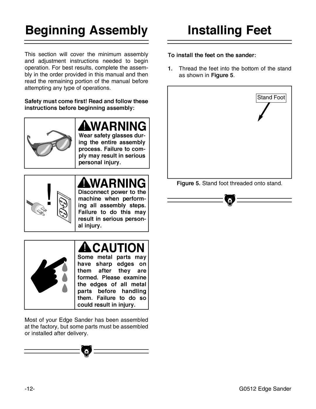 Grizzly G0512 instruction manual Beginning Assembly, Installing Feet, To install the feet on the sander 