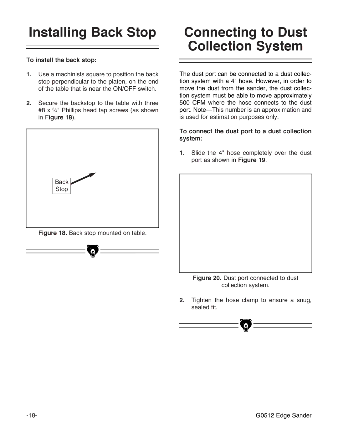 Grizzly G0512 instruction manual Installing Back Stop, Connecting to Dust Collection System, To install the back stop 